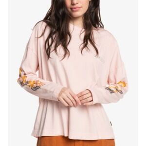Quiksilver Tee Women's Medium Peach Floral Long‎ Sleeve Crew Neck Oversized